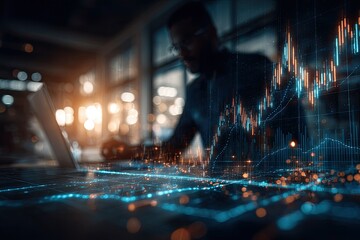 Businessman working at night, overlayed with financial data