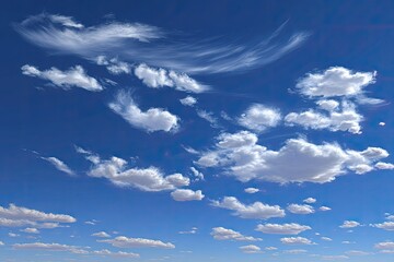 High-contrast azure sky dotted with fluffy, wispy clouds