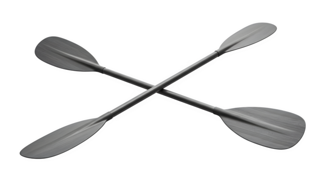 Gray textured paddles cross on black. Studio shot highlights surfaces, ideal for outdoor adventure branding, product photography, or travel posters.