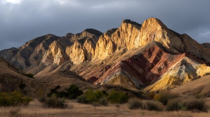 Fototapeta premium Colorful mountain range under a cloudy sky.