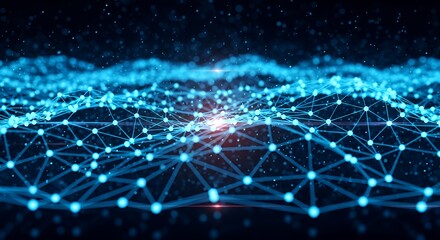 Glowing grid lines and bright connection points ripple like ocean waves, illustrating the seamless flow of information in cyberspace.