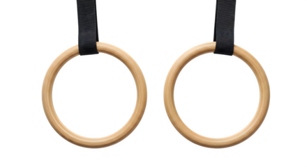 Wooden gymnastics rings on black. Close-up, detail shot.  Use for fitness websites, health posters, branding, and advertising.