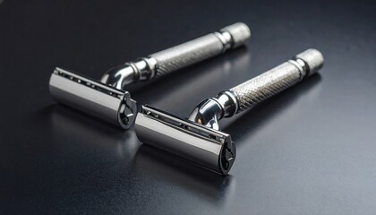 Fototapeta premium Two Shiny, Detailed Safety Razors with Textured Handles on Dark Surface