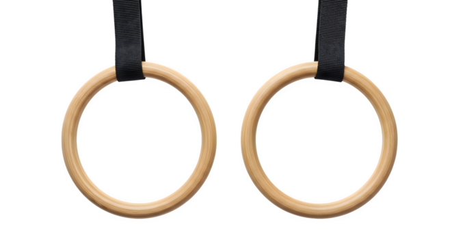 Wooden gymnastics rings on black. Close-up, detail shot.  Use for fitness websites, health posters, branding, and advertising.