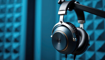 Obraz premium Professional studio headphones with copy space for high-quality audio recording and podcasting equipment