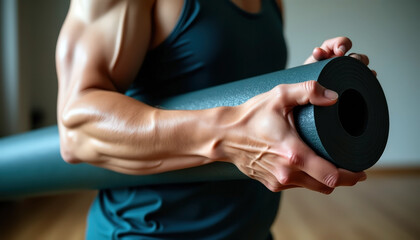 Fitness enthusiast holding black yoga mat for pilates or gym workout with copy space; exercise motivation