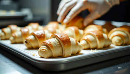 Freshly baked golden croissants on tray in bakery kitchen with copy space for national croissant day