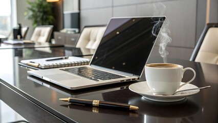 A sleek laptop sits on a polished office table next to a steaming cup of coffee, inviting productivity and focus in a modern corporate environment, perfect for business and strategic planning