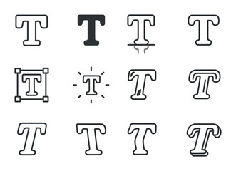 Digital Text Effects Icons. Outline icon set of digital lettering effects: gradient fill, text shadow,