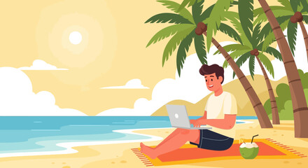 Young man working on laptop at the beach under palm trees, enjoying remote work and summer