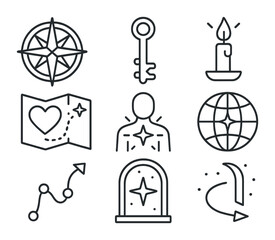 Astral Navigation Icons. Outline icon set of astral navigation: star compass, dimensional key, guiding light,
