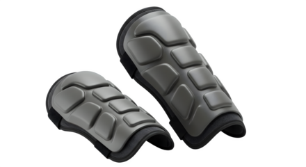 Gray textured shin guards sit on black. Features smooth surfaces and clean studio lighting for product photography or sports branding.