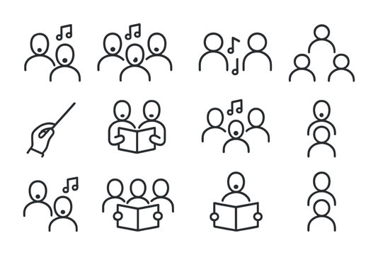 Singing Icons Collection. Outline icon set of group singing and ensemble work: duet icon, choral blend,