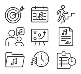 Music Career Icons. Outline icon set of music career planning: goal target, calendar planner, career ladder,