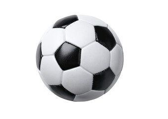 A black and white soccer ball, centered against a black background.  It's a standard design with panels of alternating black and white