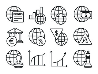 Global Bond Icon Set. Outline icon set of global bond markets: globe with bonds, emerging markets icon,
