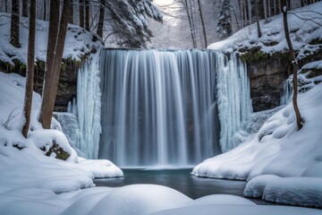 Majestic winter waterfall surrounded by snow and ice