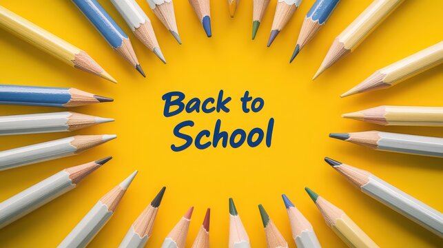 Back to school message surrounded by colored pencils on a bright yellow background creating a circular frame
