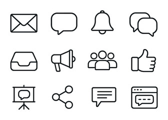 Digital Communication Icons. Outline icon set of digital communication: email, message bubble, notification