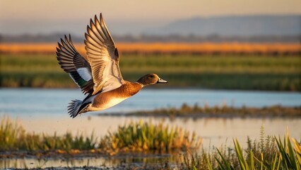 An american wigeon soars gracefully over a wetland at sunset, its wings spread wide against the golden light, creating a picturesque scene of natures beauty and tranquility