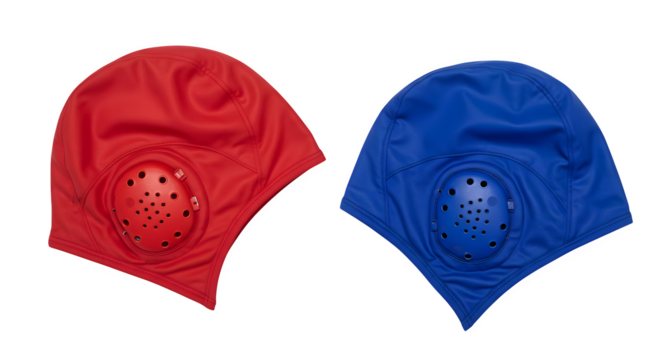 Two water polo caps, red and blue, show safety and team spirit. Great for sports promotions, team gear displays, or aquatic event posters.