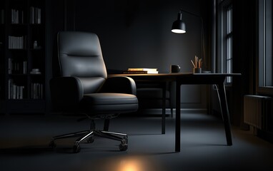 Black minimalist desk with a black office chair in front of it, in a dark room with soft lighting, side view, photorealistic.