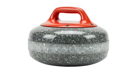 Gray speckled stone with red handle catches light for curling photography and sporting goods posters.