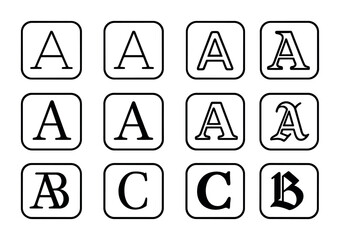 Font Classification Icons. Outline icon set of font classification: geometric font, humanist font, grotesque