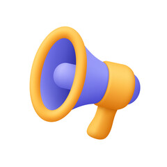 Purple and yellow megaphone, loudspeaker. Marketing, announcement, communication, alerts, promotion and advertisement concept. 3d vector icon. Cartoon minimal style.