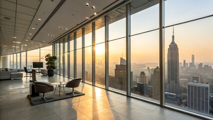 A breathtaking city view from a highrise office window at sunset, showcasing the iconic empire state building and the vibrant skyline of manhattan, new york city, with modern interior design