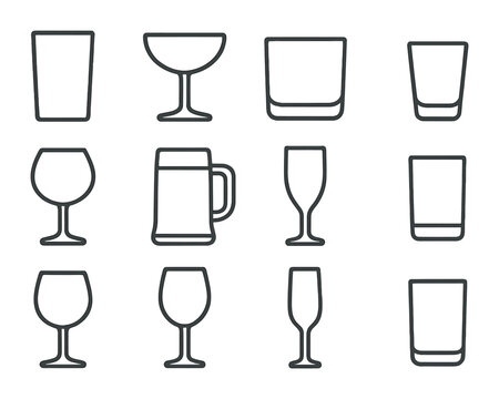 Drinkware Icon Collection. Outline icon set of drinkware types: highball glass, coupe glass, rocks glass, shot