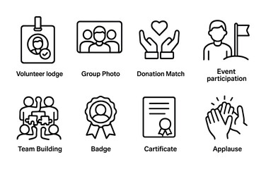 Charity Engagement Icons. Outline icon set of employee engagement in charity: volunteer badge, group photo,