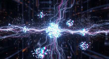 Radiant neon pathways of light flow across a cyber cityscape, converging into a bright digital hub that symbolizes global connectivity and technology.