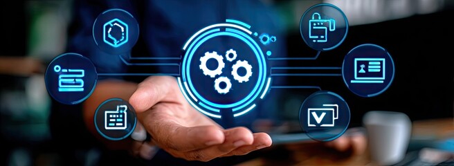 Hand holding a holographic display of interconnected technology icons, including gears, servers, and security elements