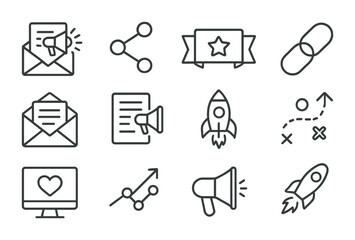 Startup Marketing Icons. Outline vector icons of startup marketing tools: email blast, social media share,