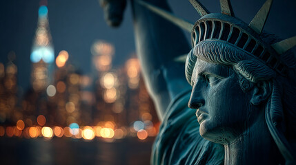 Close-Up Night View of Statue of Liberty with New York City Skyline. Generative AI