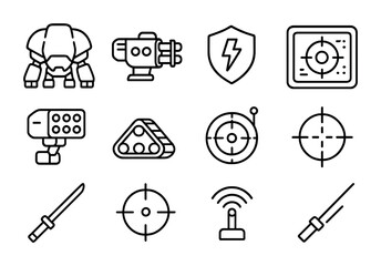 Battle Robot Icons. Outline vector icons of battle robots: armored shell, plasma cannon, shield generator,