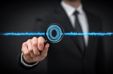 Businessman examines a magnified sound wave graphic with a magnifying glass