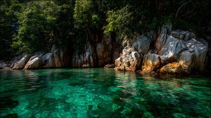 Crystal-clear turquoise water lapping against rocks and lush foliage.