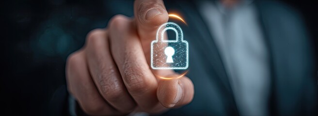 Close-up of a hand hovering over a digital lock icon