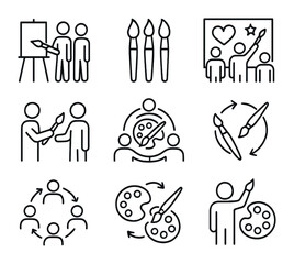 Collaborative Art Icons Grid. Outline vector icons of collaborative painting sessions: shared canvas, group