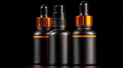 Three dark bottles with droppers, orange accents, on black background