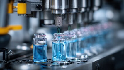 The close-up of the packaging machine is designed to engage, showing multiple glass vials being filled with blue liquid by an industrial pump system in a high-tech laboratory.