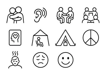 Fototapeta premium Emotional Support Icons. Outline vector icons of emotional support efforts: comforting hug, listening icon,