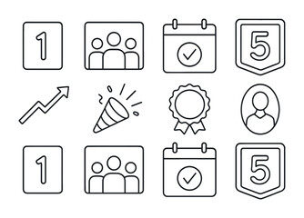 Office Milestone Icons. Outline vector icons of office milestone moments: year marker, team photo, calendar