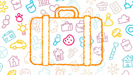 Orange suitcase with colorful drawings of various objects scattered around it on a white background