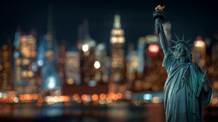 Close-Up Night View of Statue of Liberty with New York City Skyline. Generative AI