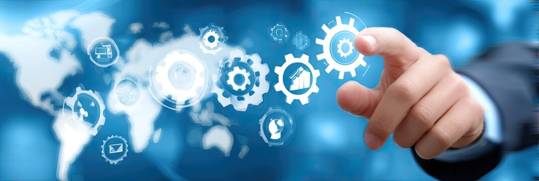 A hand interacts with a holographic display of interconnected gears and icons overlaid on a world map background