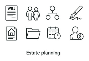 Estate Planning Icons. Outline icon set of estate planning: legal will, family icon, inheritance chart,