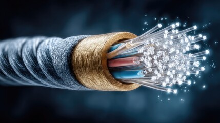 Close-up of fiber optic cable, strands emanating